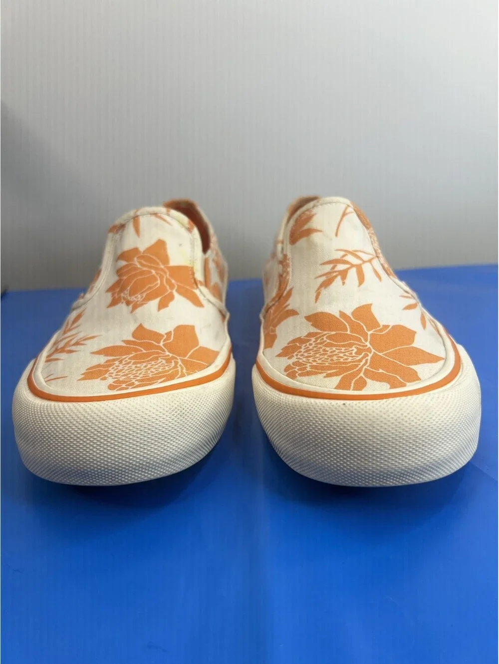 Vans Classic Slip-On Orange Floral Cream Canvas Shoes Men 7 Women 8.5